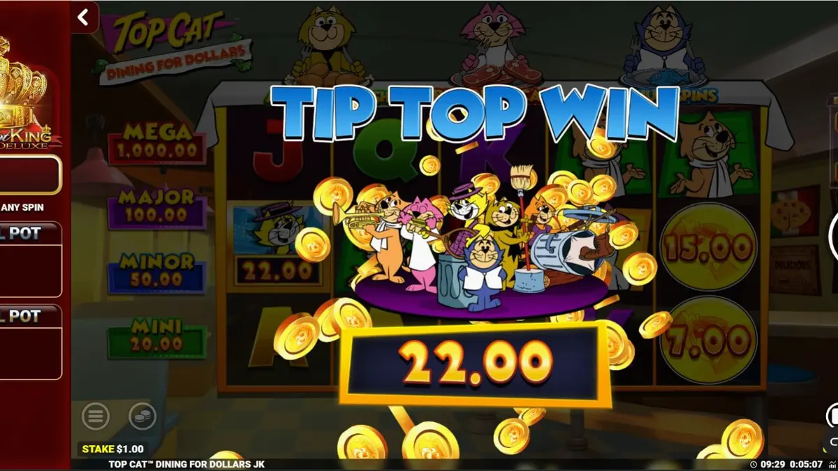 Personagens de Top Cat em uma cena de jogo de slot com tema de restaurante